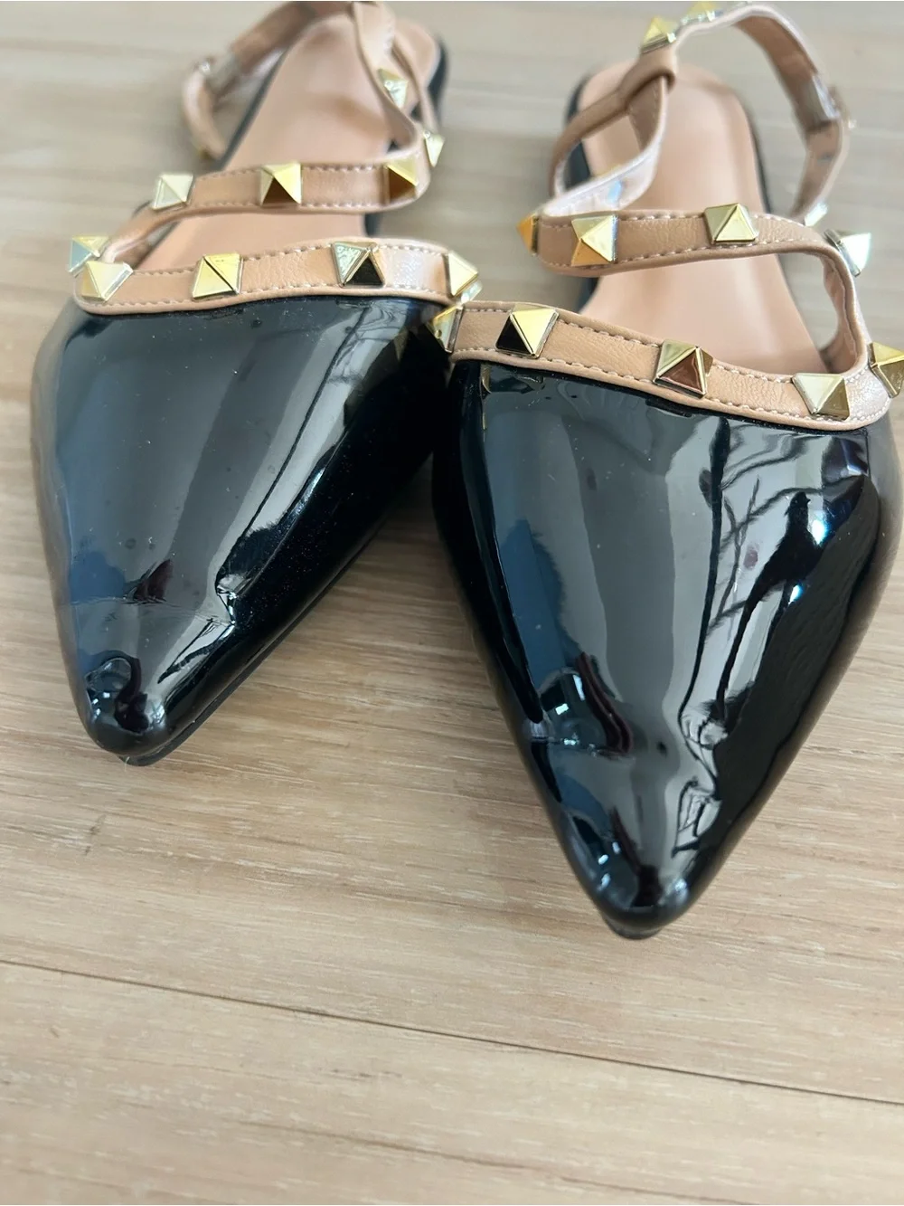 Studded Pointed-Toe Slingback Flats in Black and Nude